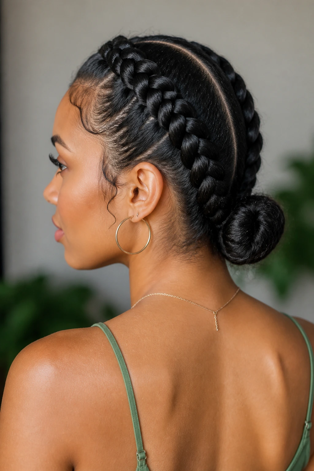 Portrait of a real woman with double Dutch braids forming a low bun
