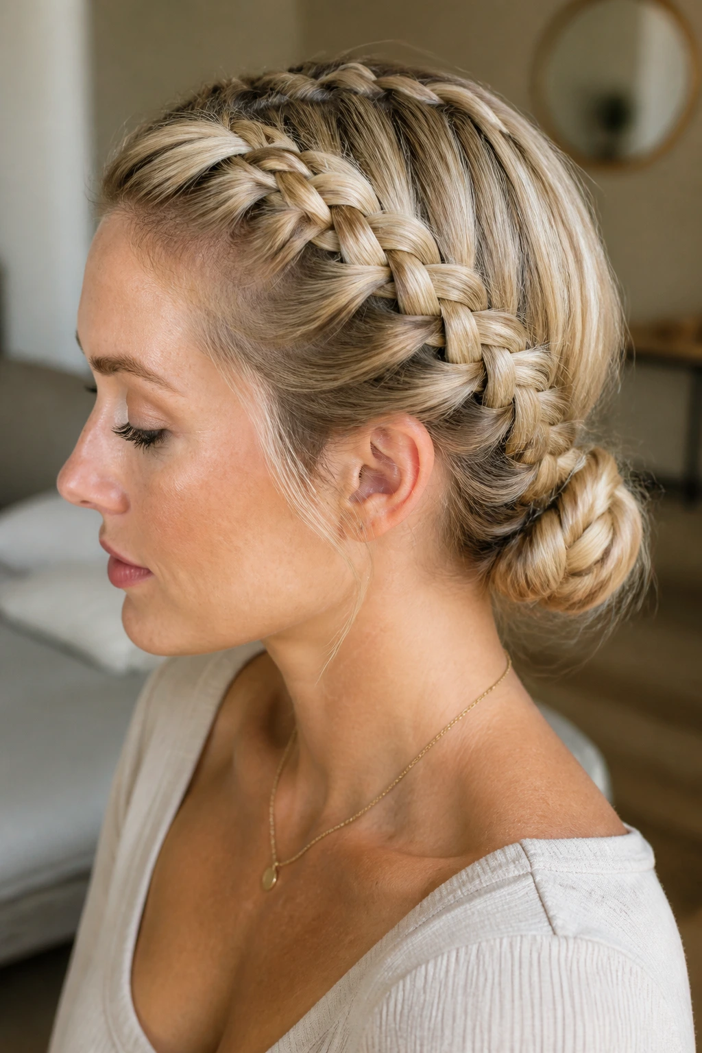 Close-up of woman with double Dutch braids into a low bun