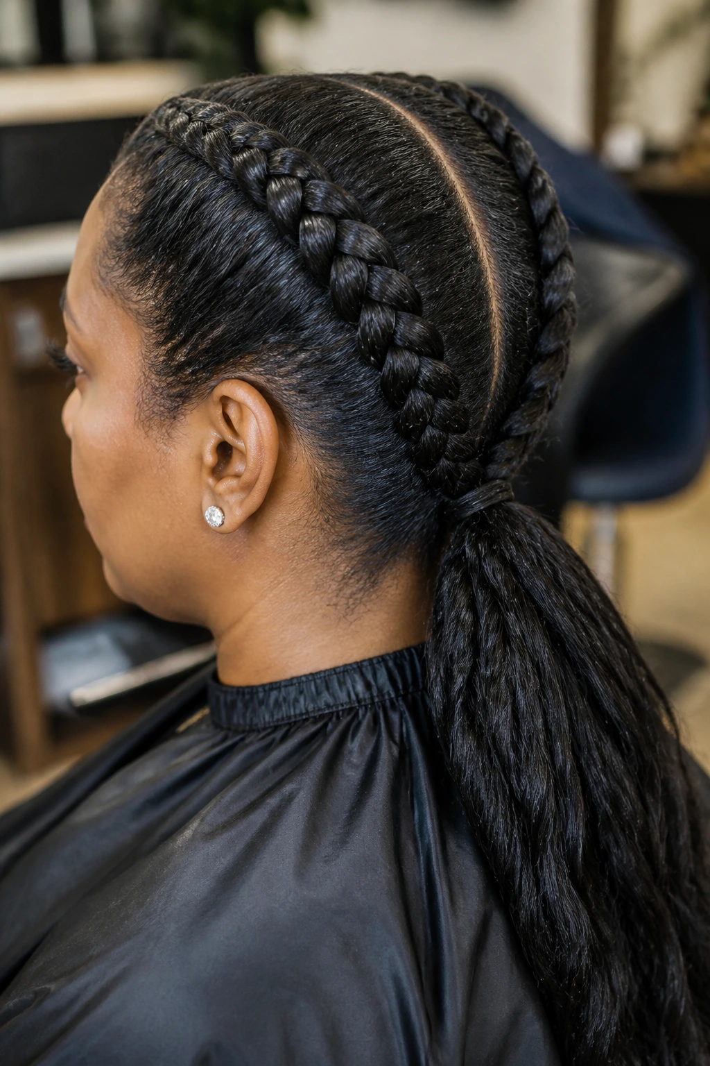 Two Dutch braids feeding into one low ponytail on a real person