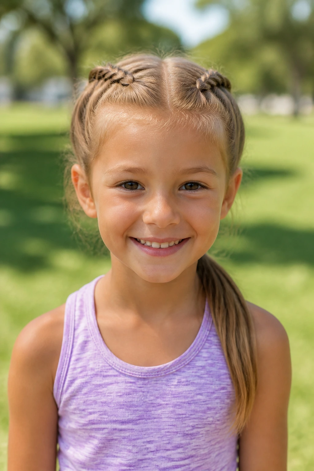 Child with two Dutch braids merging into a ponytail outdoors
