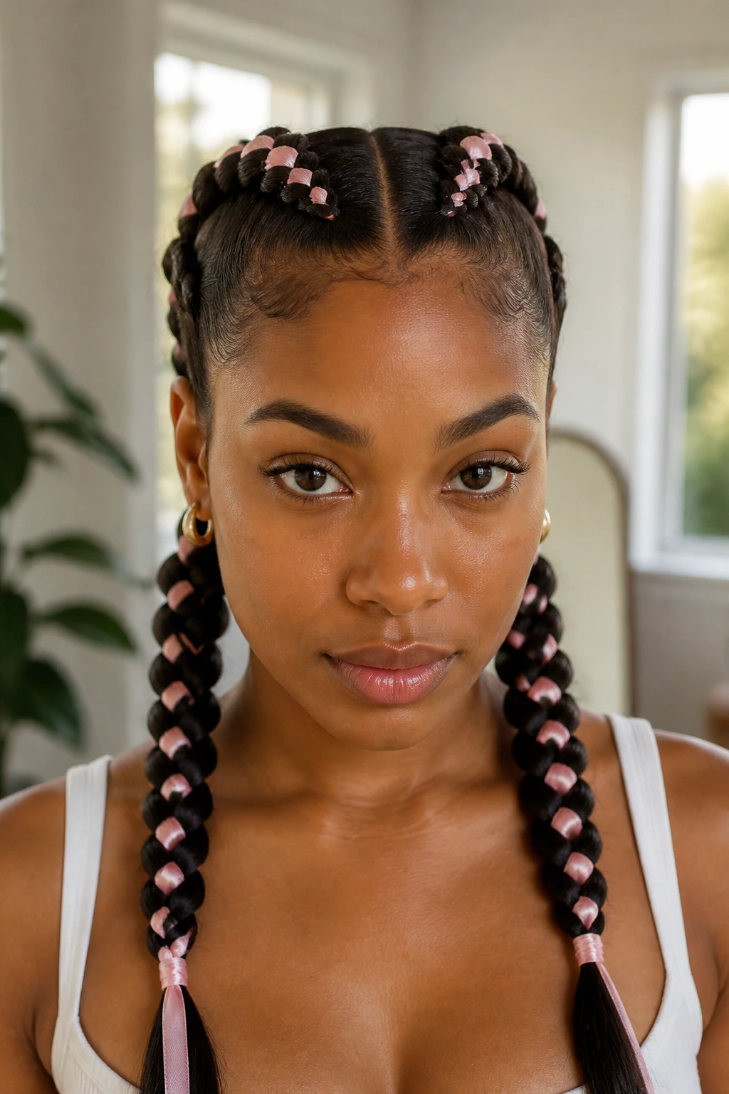 Close-up of a real woman with two Dutch braids threaded with ribbon in bright room light
