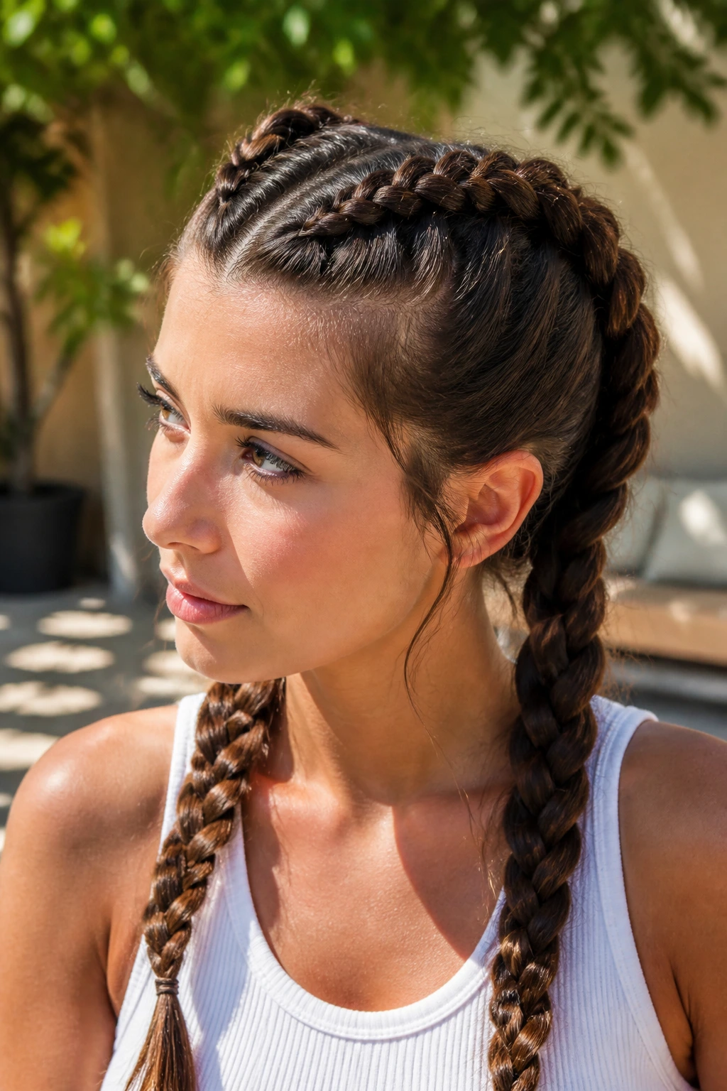 Close-up of a real woman with two high Dutch braids on top of her head.