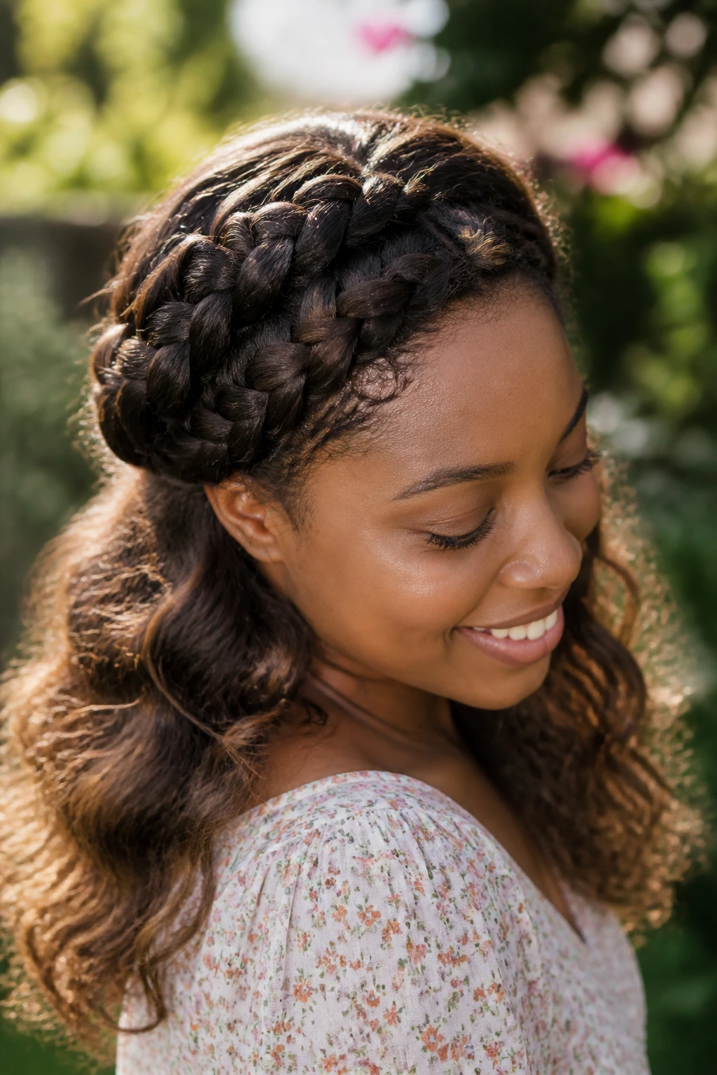 Close-up portrait of a real person with a double Dutch halo and natural waves