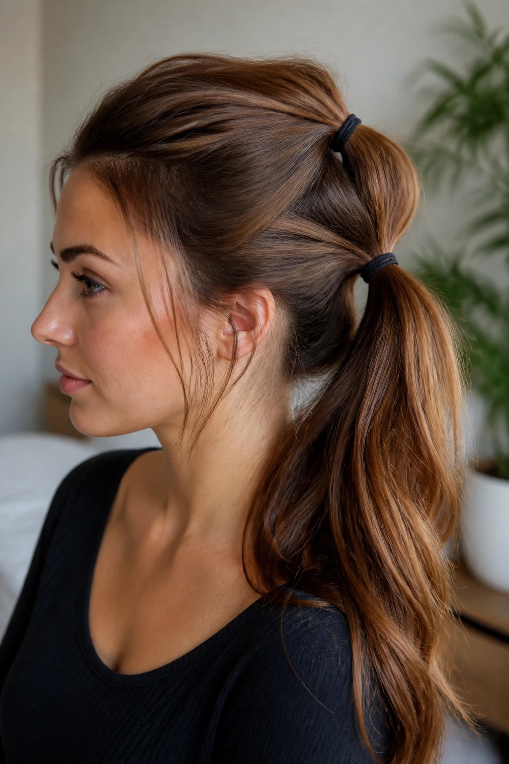 Close-up of a woman with a double-elastic ponytail showing two elastics and lifted hair