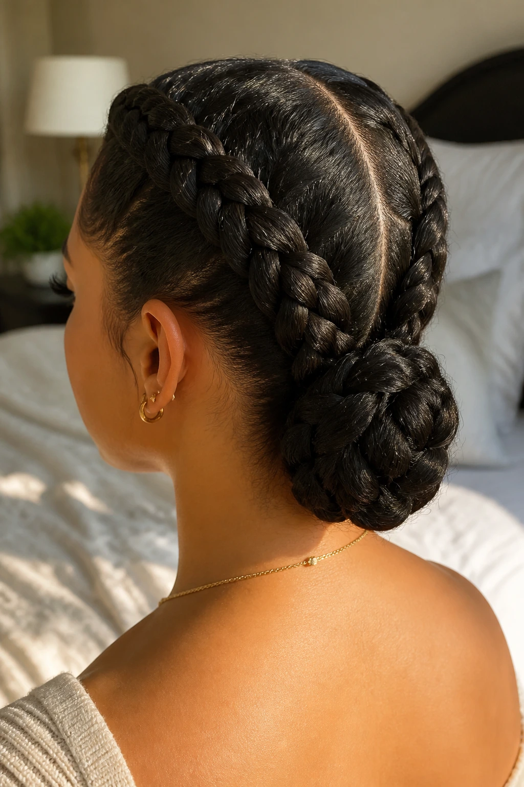 Close-up of two French braids converging into a single bun