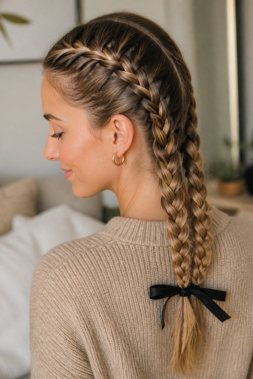 Real woman with two French braids finishing in low ends with a ribbon