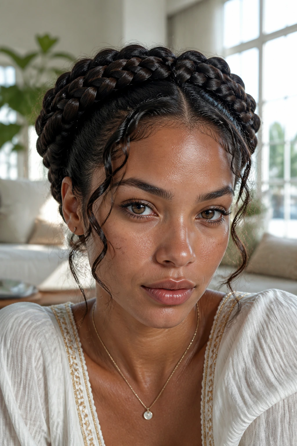 Close-up of a real woman wearing double halo braids