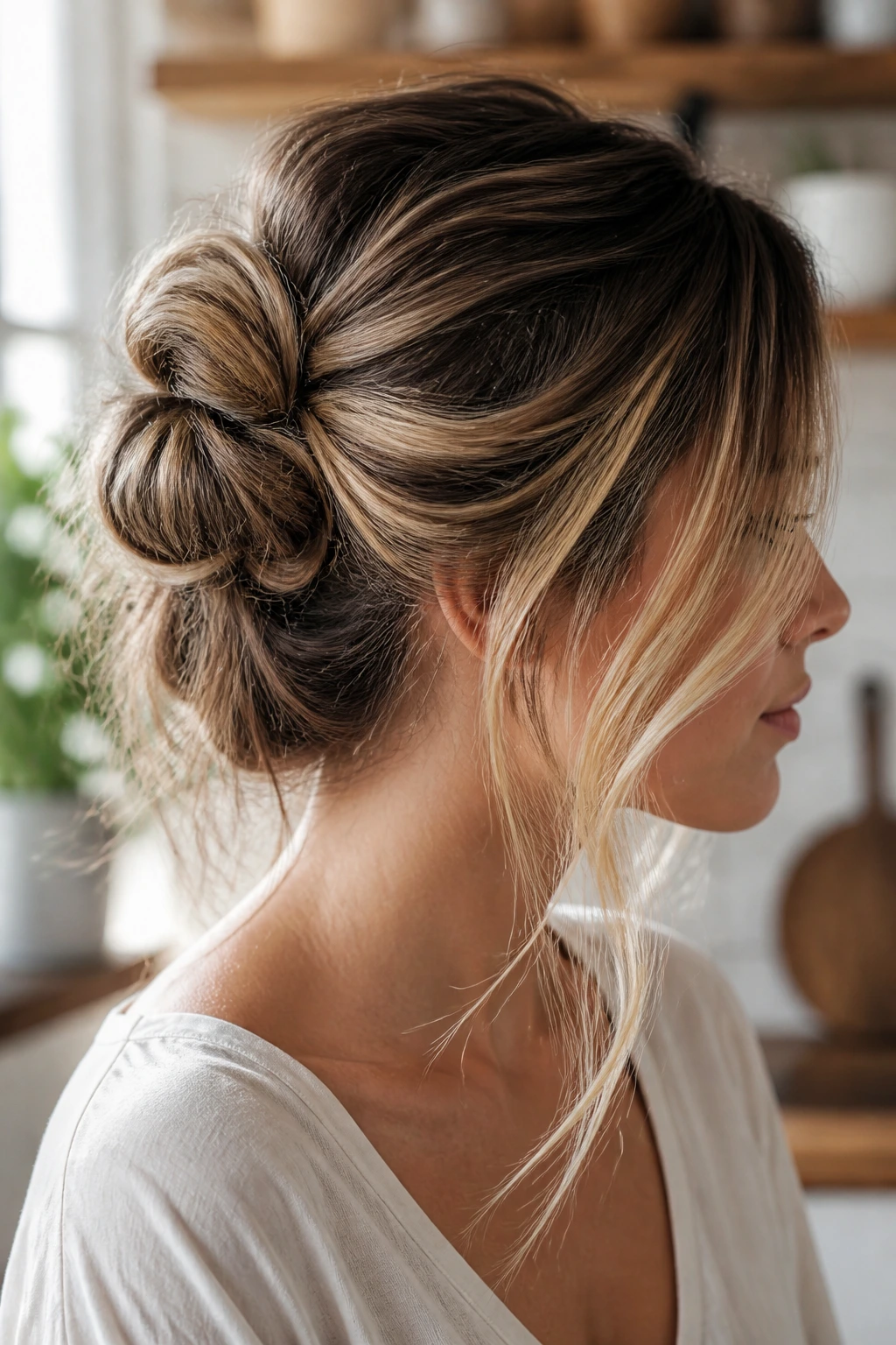Close-up of a real woman with a double-knot bun and face-framing money pieces under bright kitchen lighting.