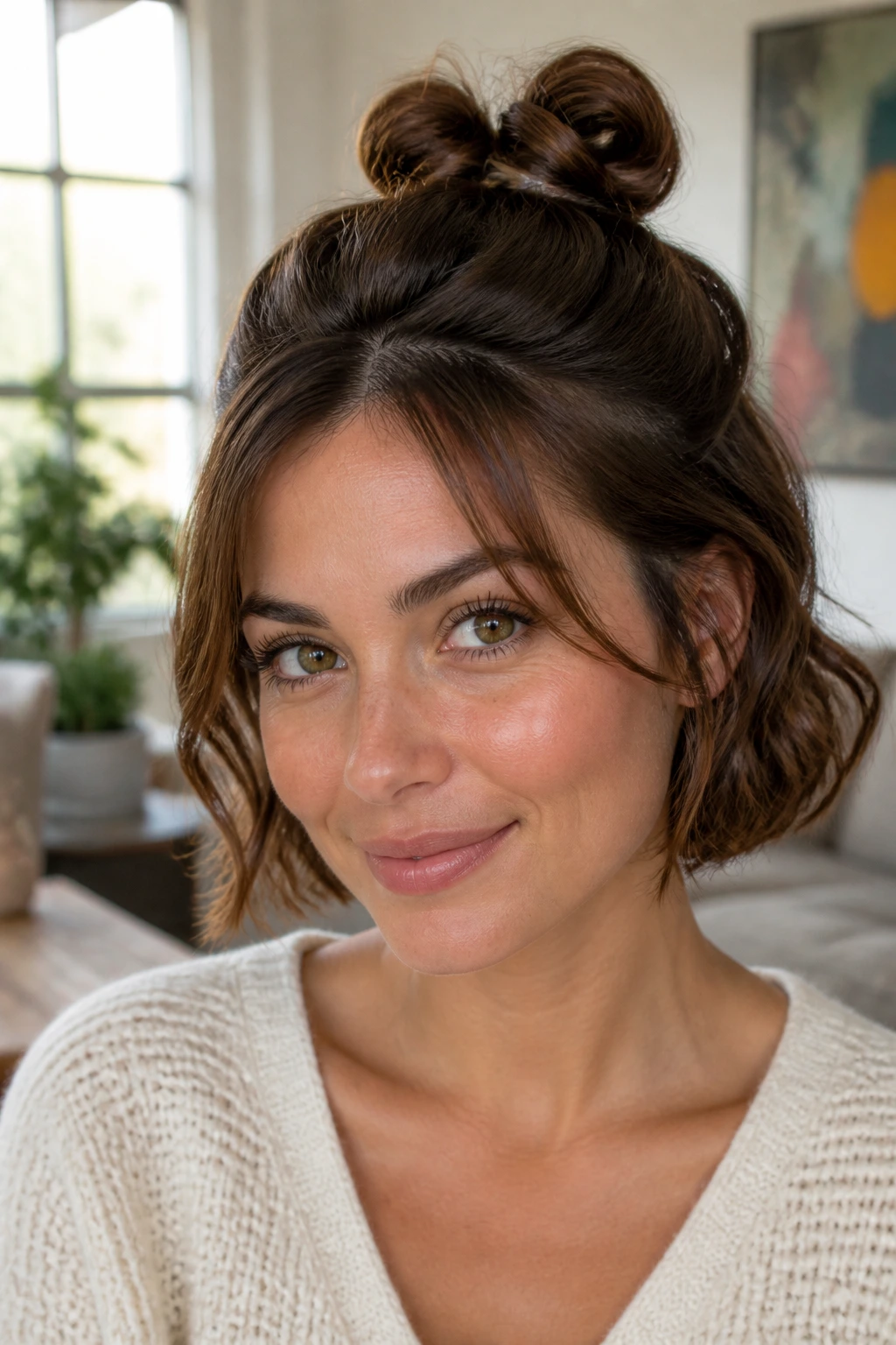Close-up of a real person with a double-loop half bun on short hair