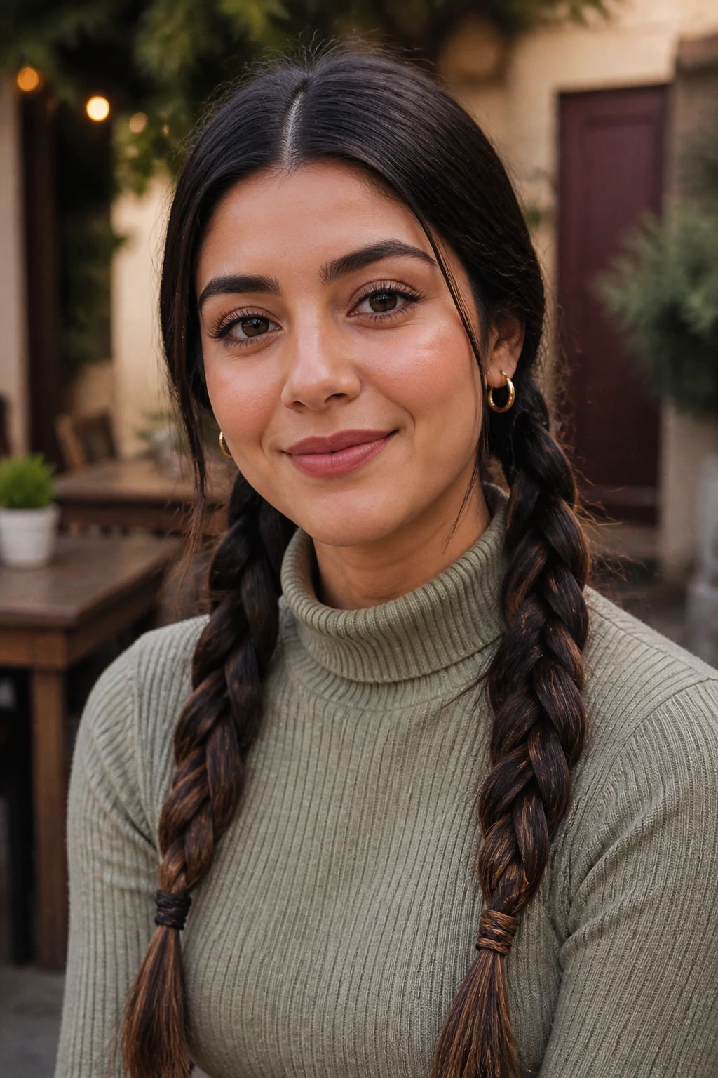 Portrait of a real woman with two low braids framing the nape, thick hair