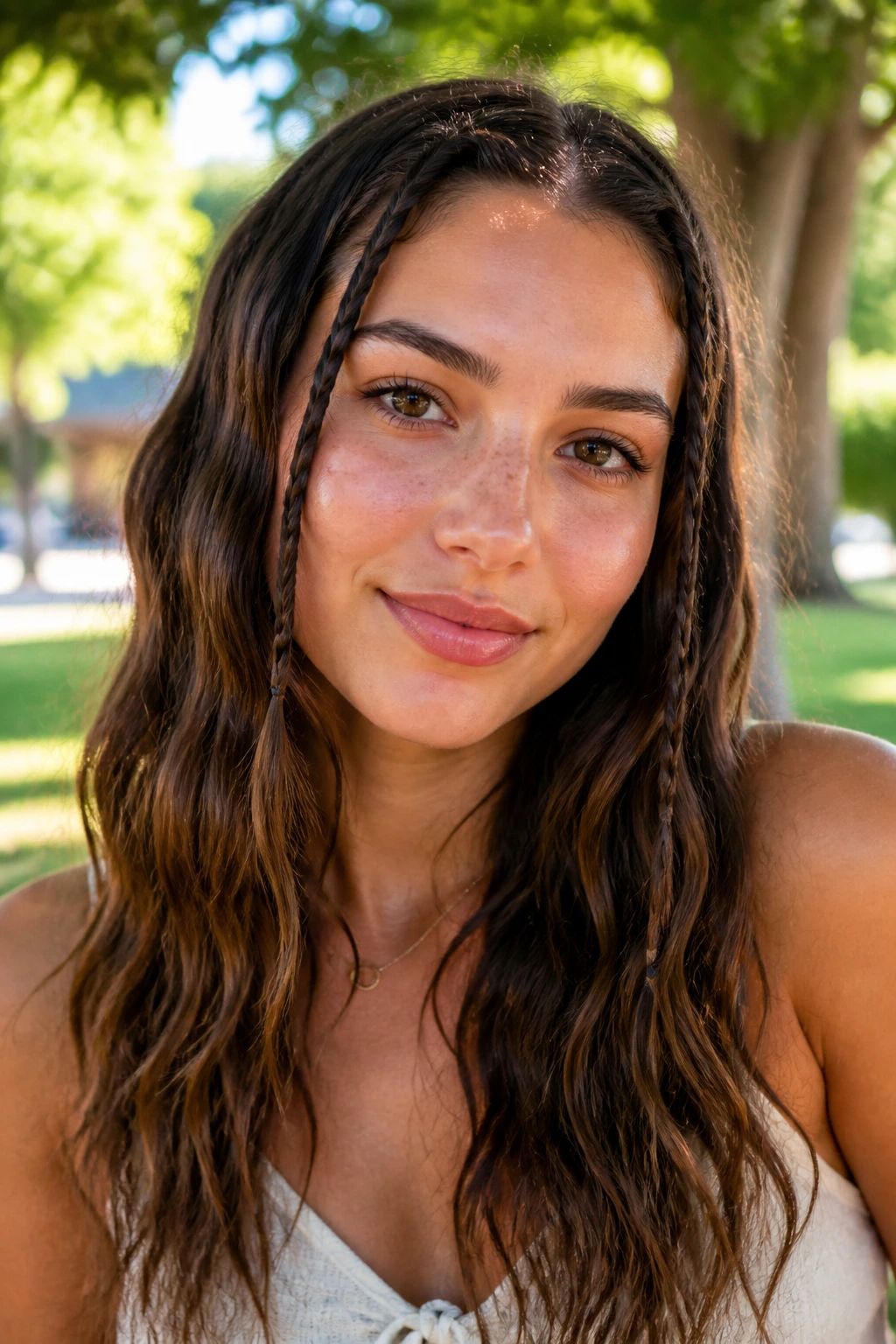 Close-up of brunette with two small front braids and loose waves