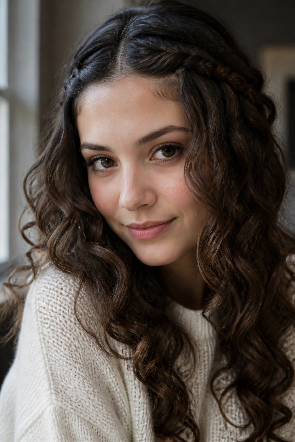 Close-up portrait of a woman with two temple braids and loose curls