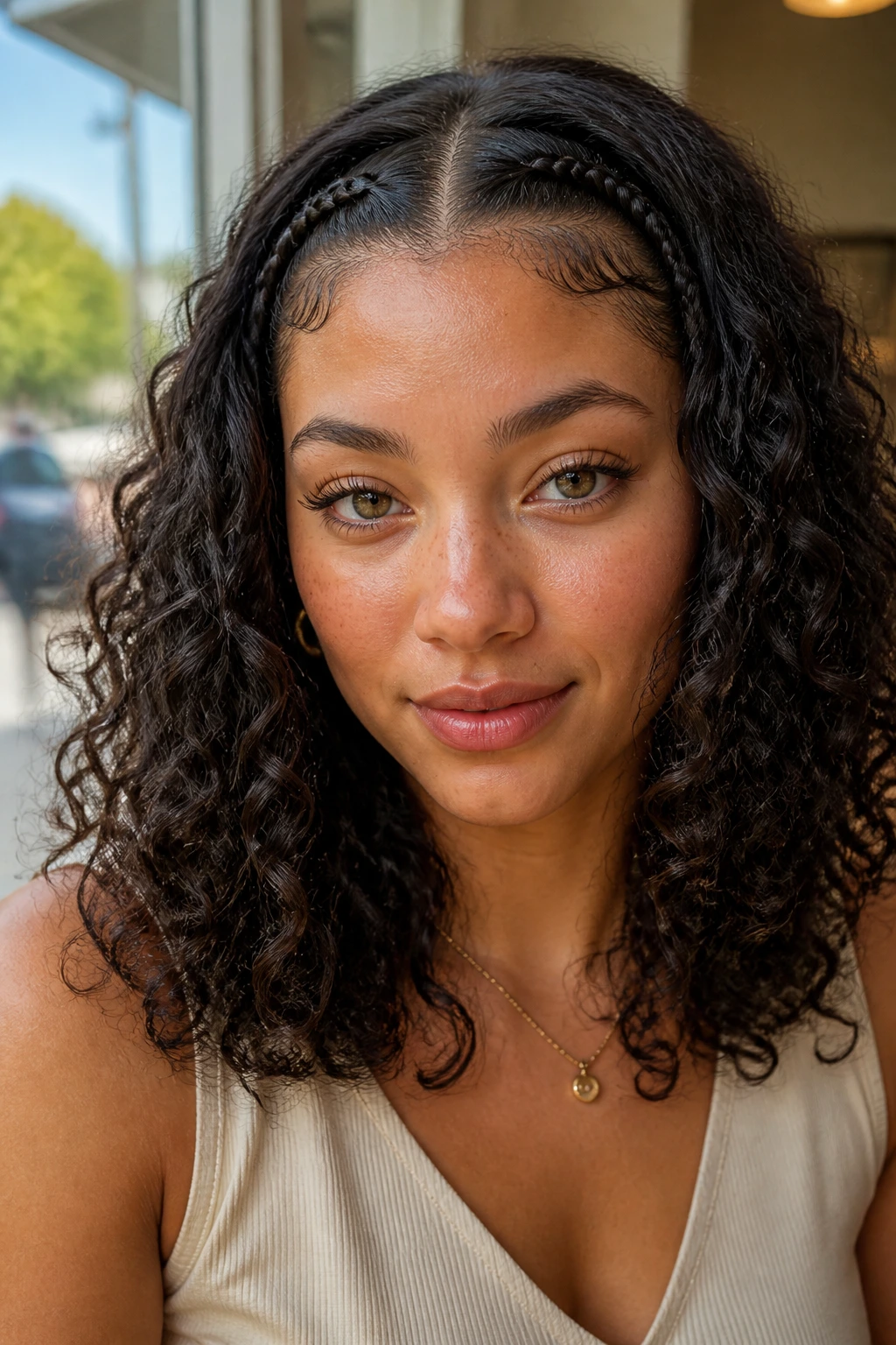 Close-up of a real woman with Double Mini Braids into Curls