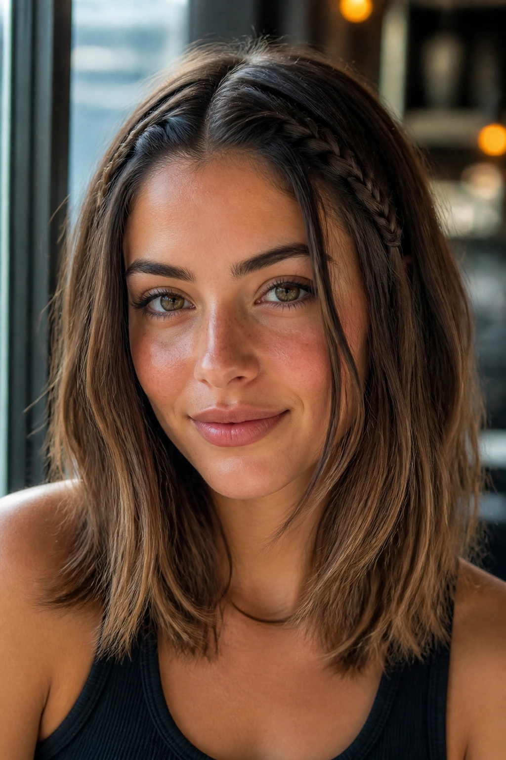 Close-up of a real woman with two small front braids