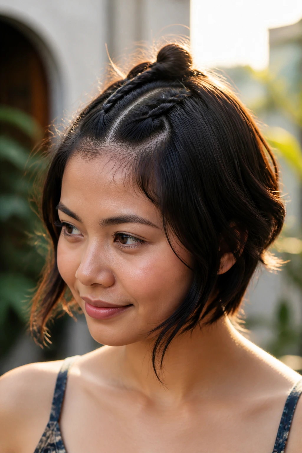 Close-up of a real woman showing two slim mini braids tied into a knot at the crown.