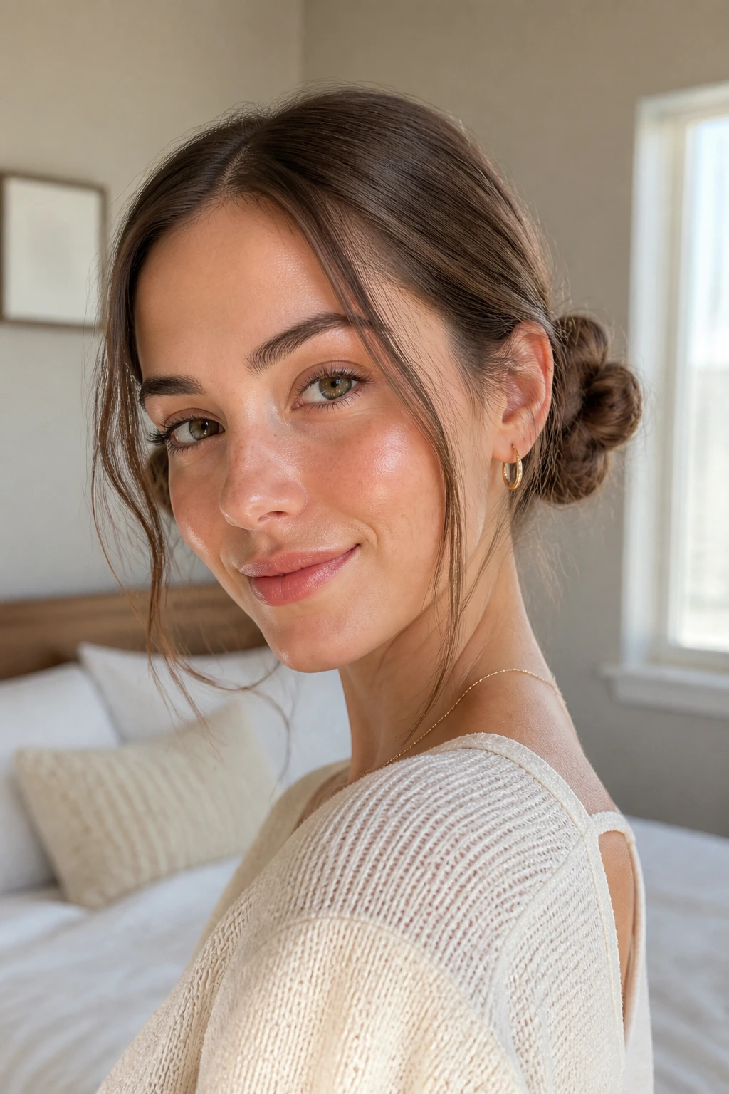 Close-up portrait of a woman with two small symmetric buns at the back of her head
