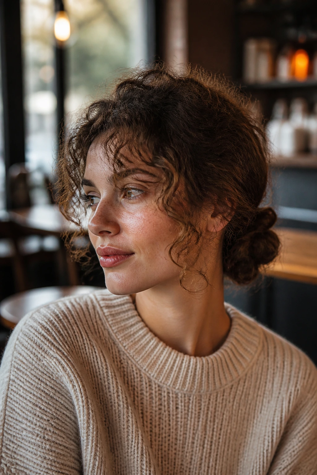 Close-up of a real woman with two small buns at the nape and loose front curls.