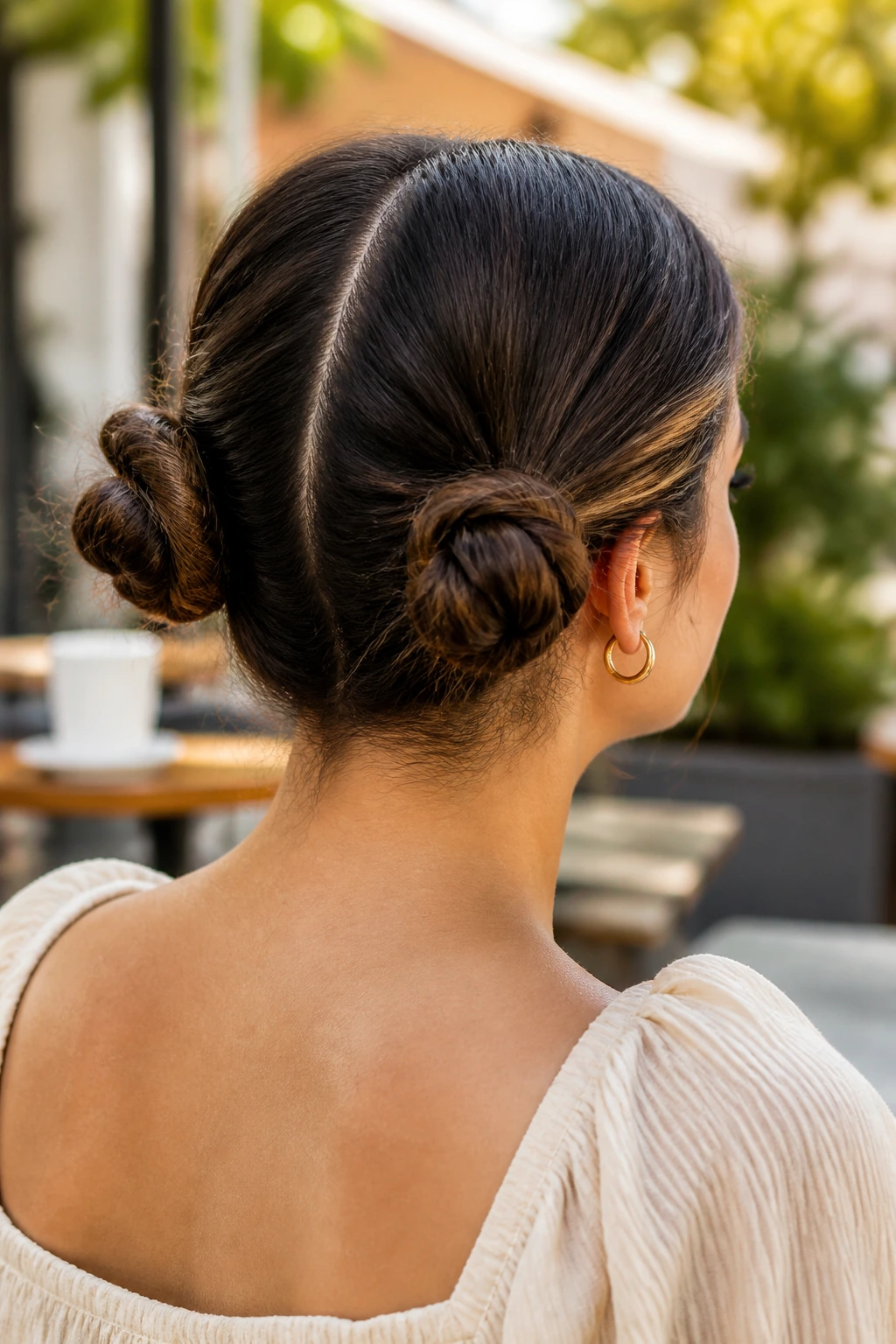 Portrait of a woman with two small buns at the back of her head