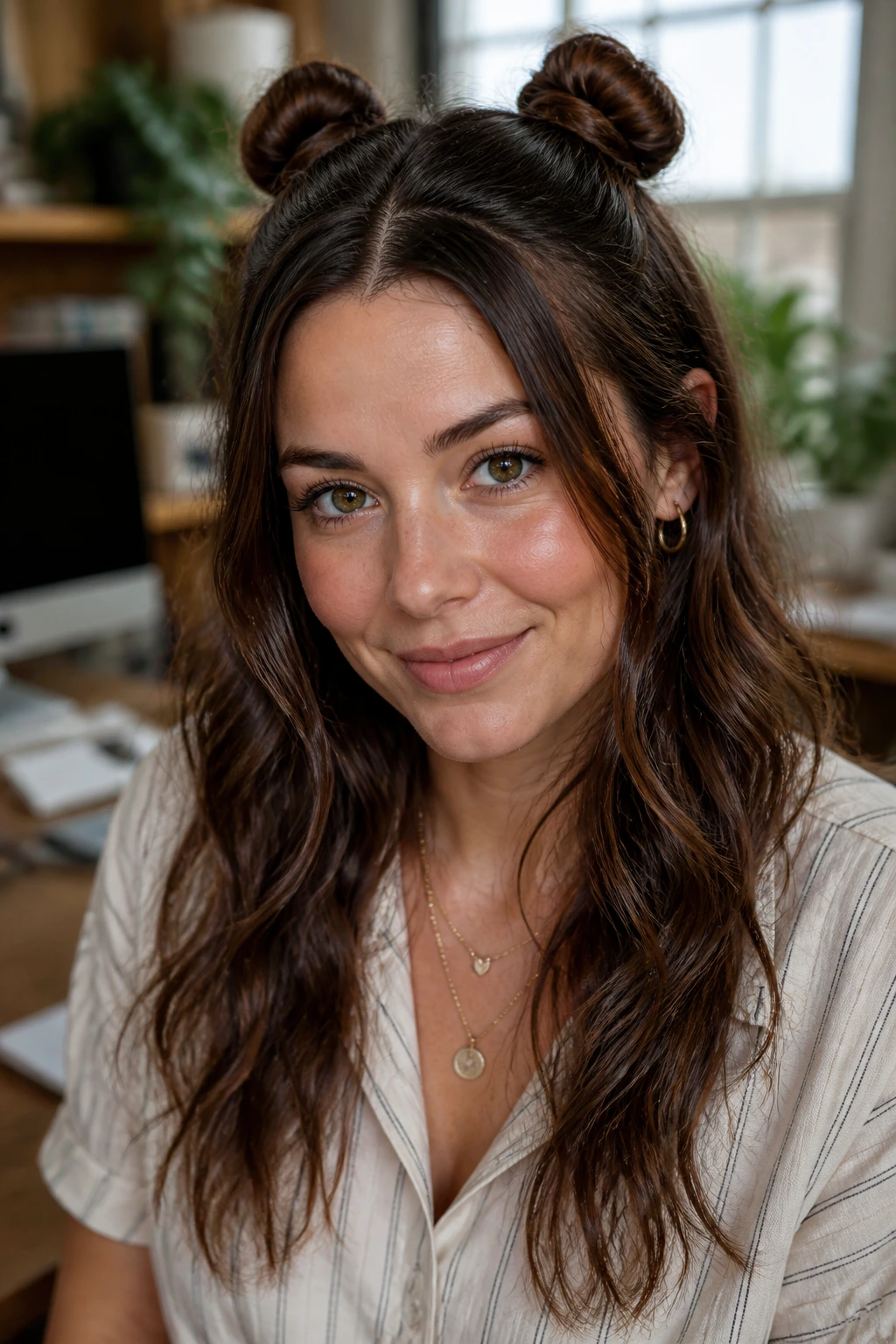 Close-up of a woman with double mini buns and loose waves