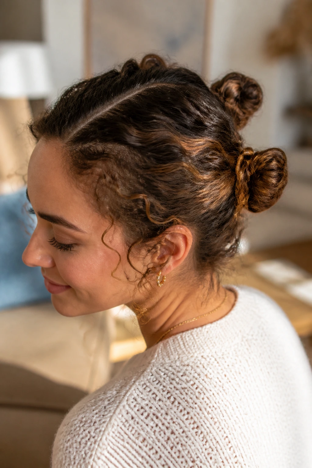 Close-up of a real woman with two small knots at the crown/back of curly hair.