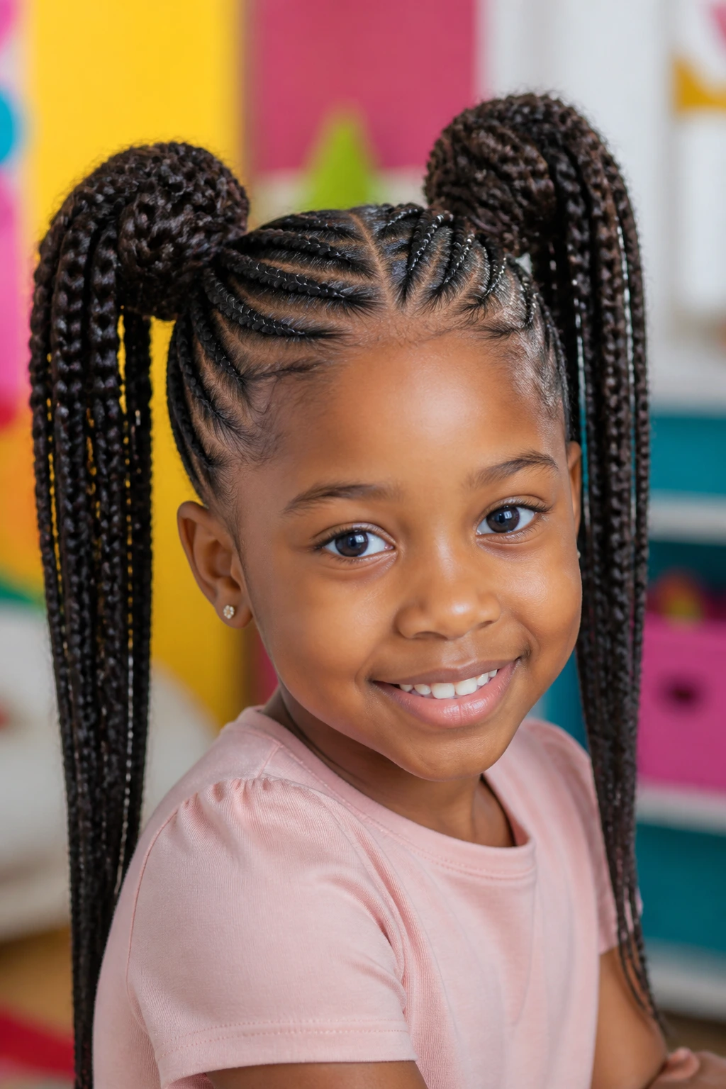 Close-up of child with two high puffs cornrows and braided extensions