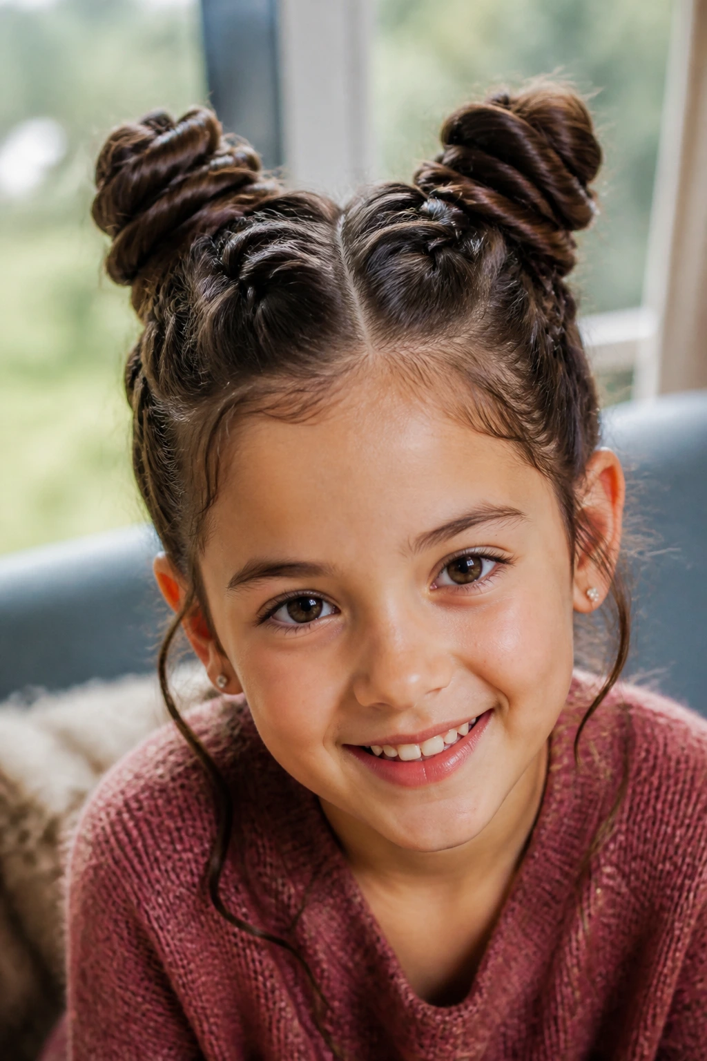 Real child with two rope-twist space buns on top