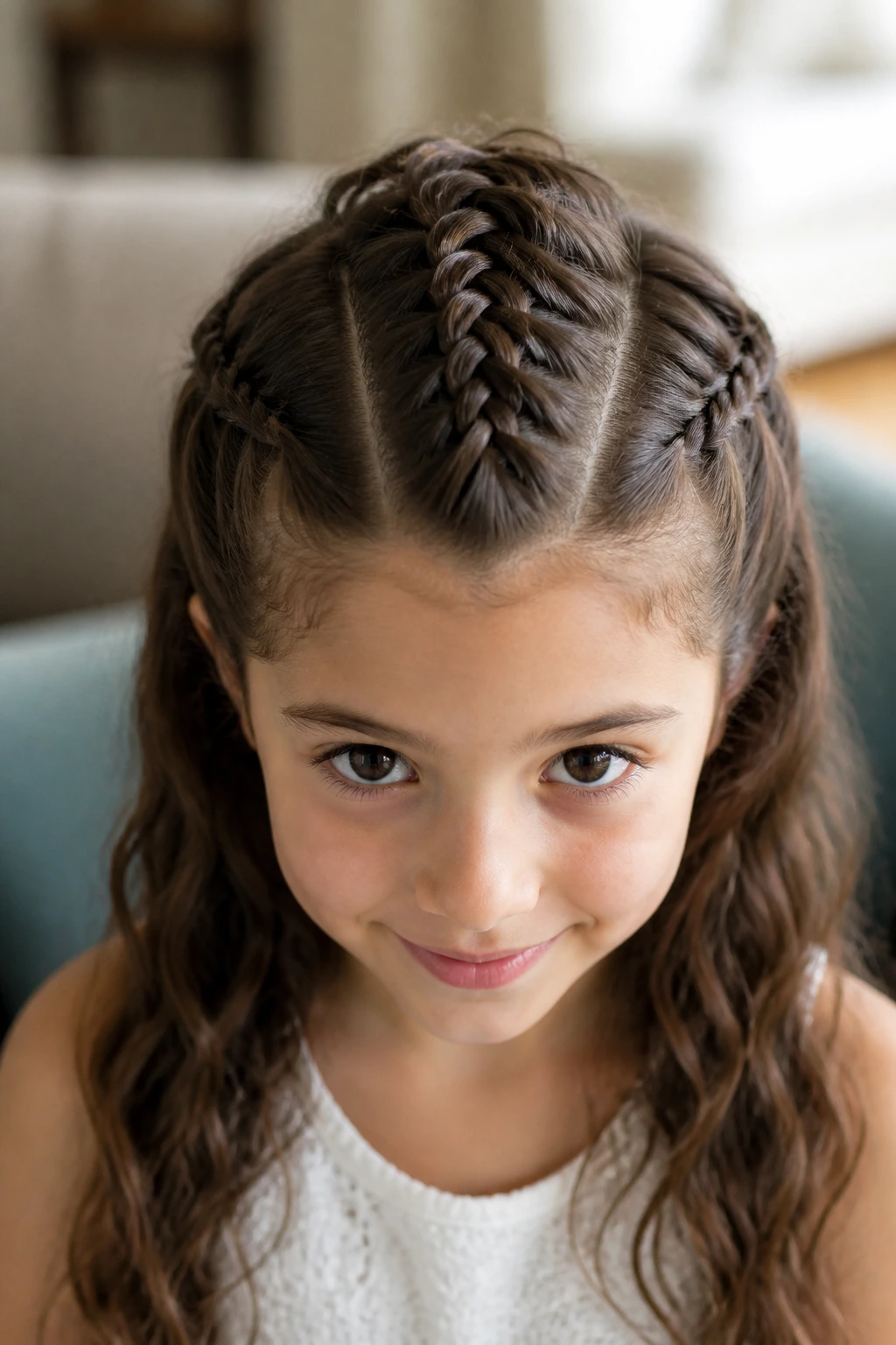 Young girl with two side Dutch braids forming a center ridge