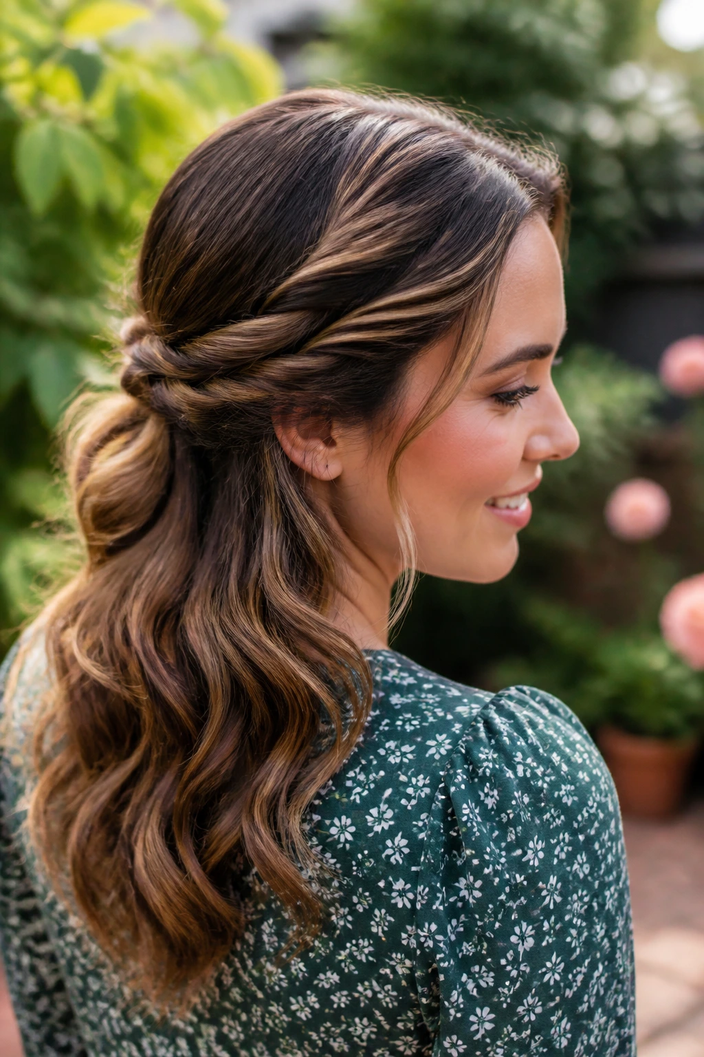 Close-up portrait of a real woman with double side twists half-up and low sway