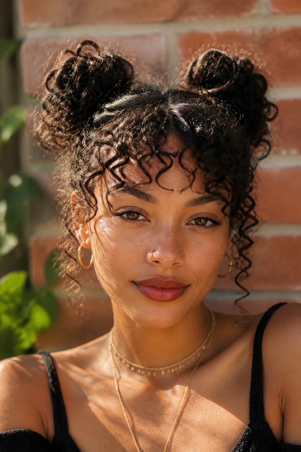 Close-up of a woman with double space buns and curly bangs against brick wall sunlight