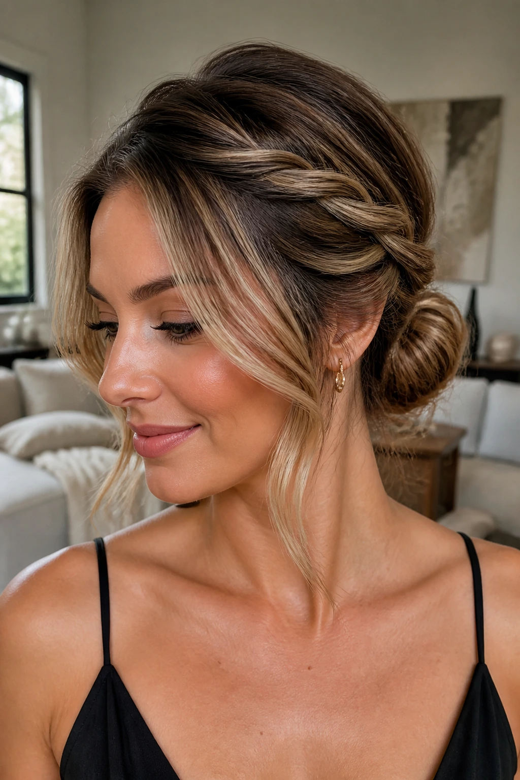 Close-up of a real woman with two twisted sections forming a low bun
