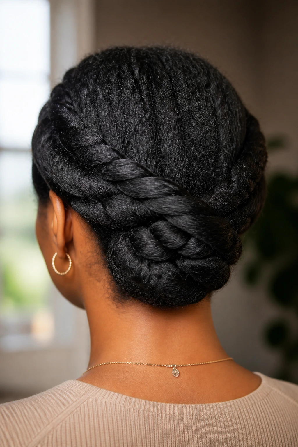 Back view of real woman with double twist chignon