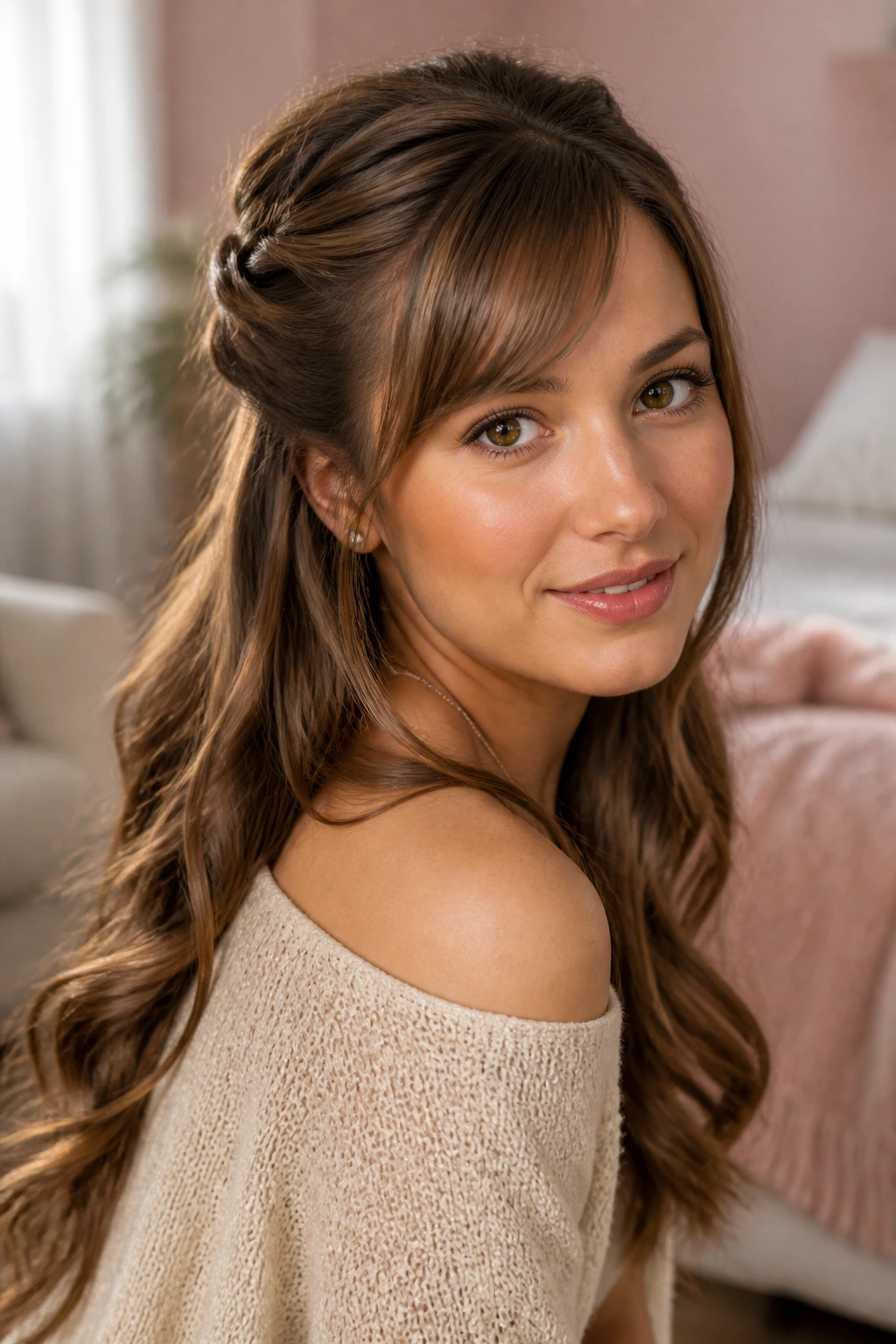 Close-up portrait of a woman showing a double-twist half-up hairstyle with side-swept bangs in a sunlit bedroom.