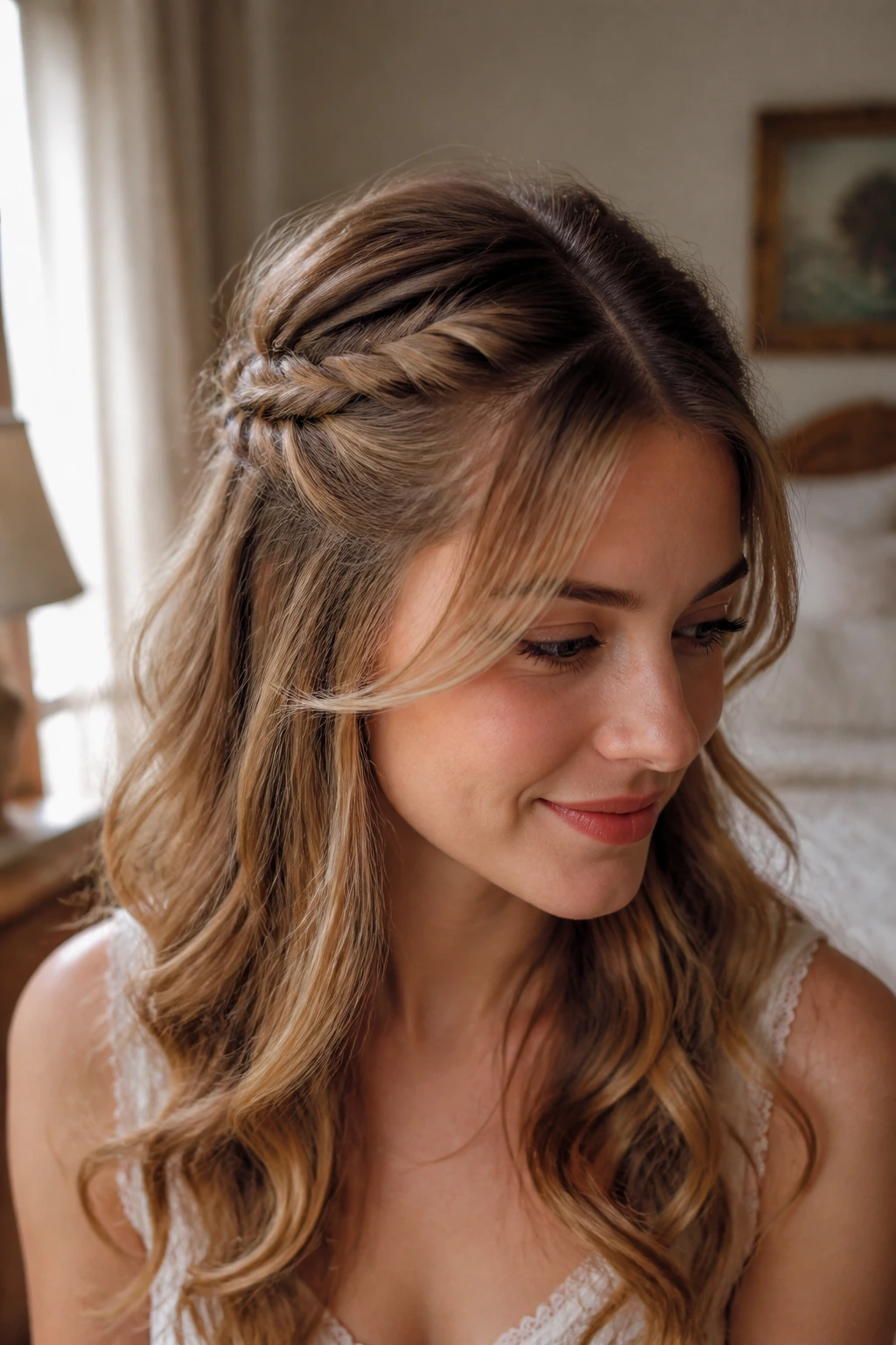Close-up of a real woman with two temple twists forming a half-up style with soft curls.