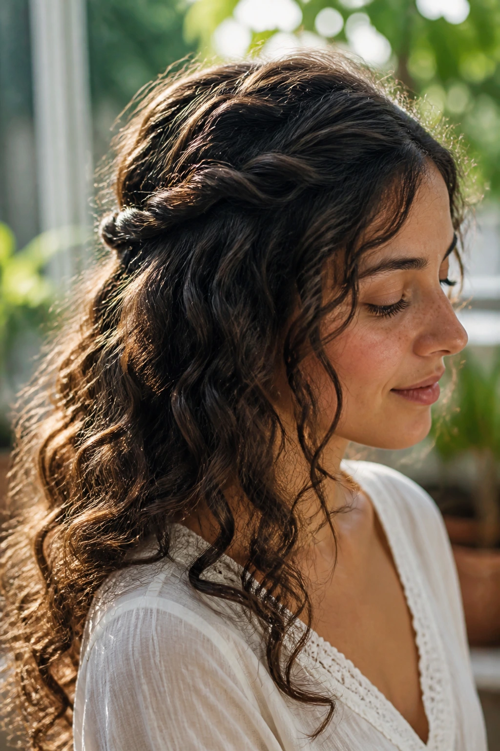 Portrait of a real woman with double twist half-up hairstyle