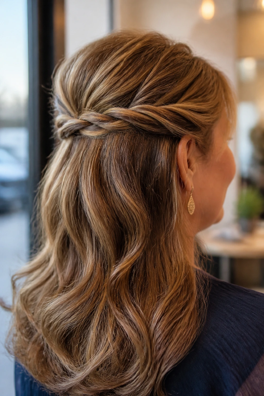 Close-up of a real woman with two twists meeting at the back in a double twist half-up hairstyle