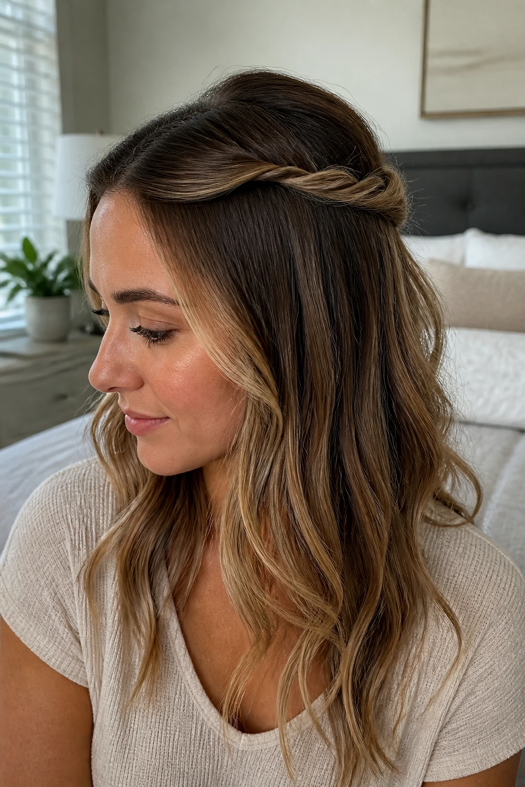 Close-up of a real woman showing the double-twist half-up hairstyle