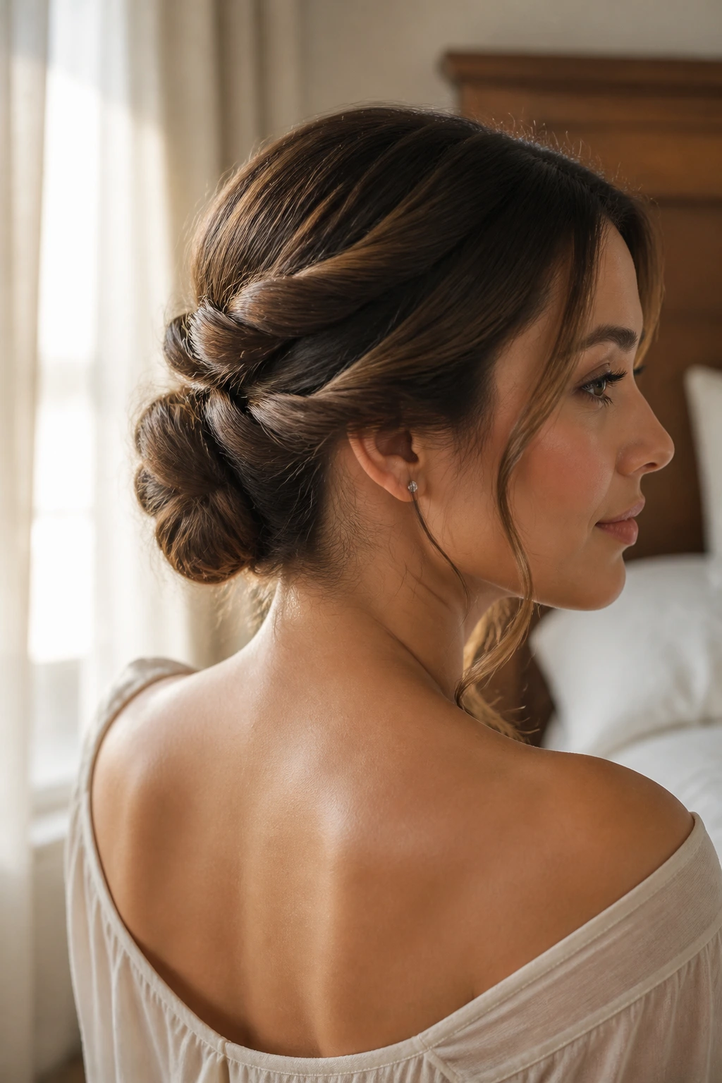 Close-up portrait of a woman with a double-twist nape bun and soft face-framing layers in warm window light