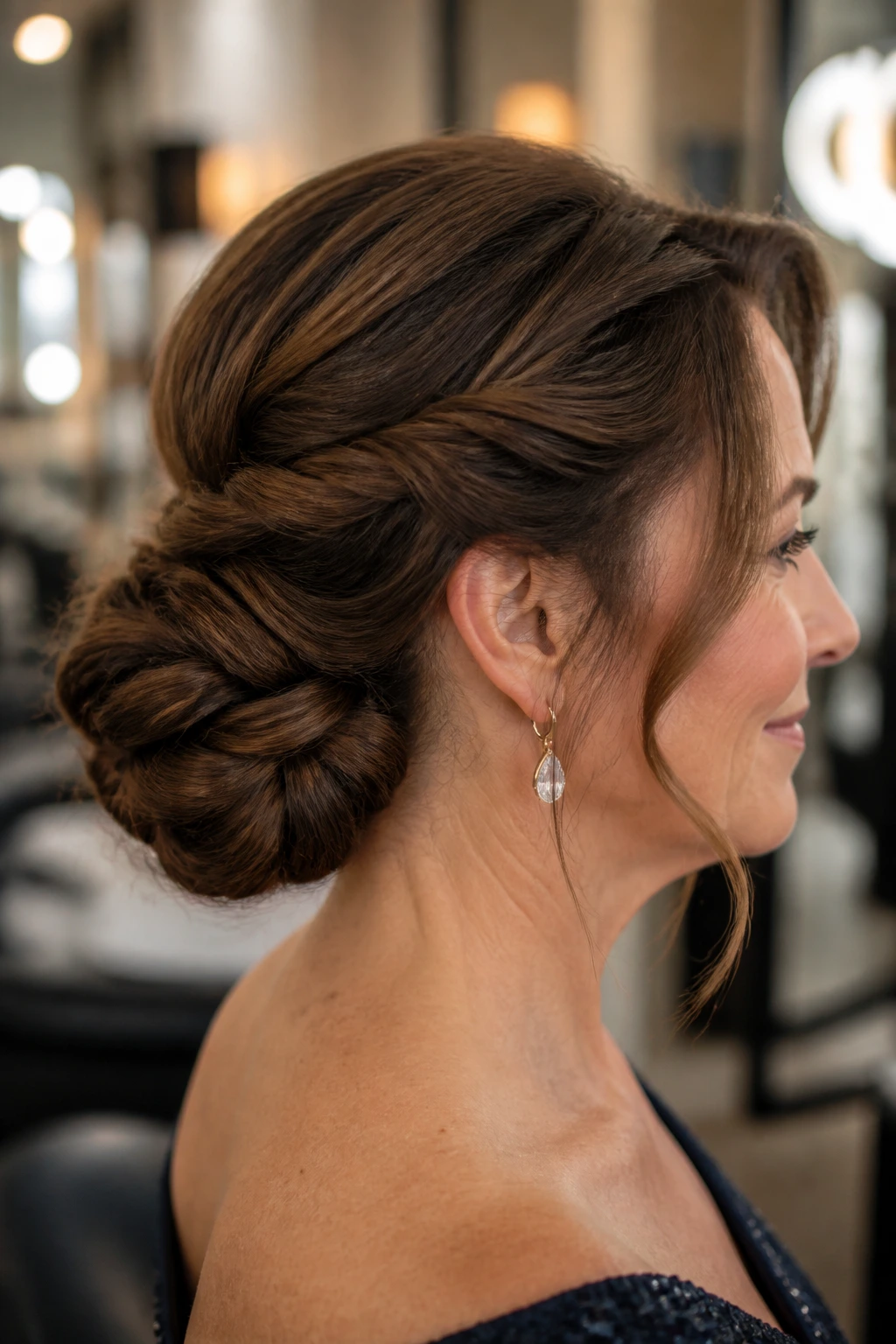 Close-up of real woman's head with a double twisted bun at the nape