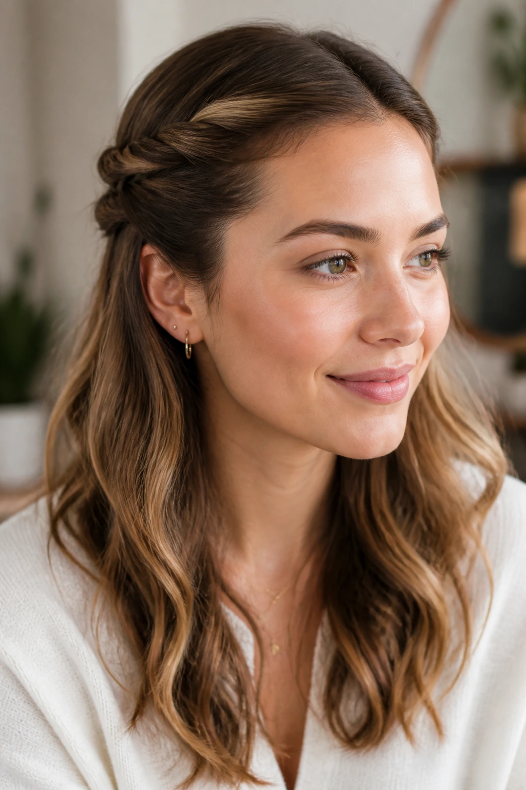 Portrait of a real woman with two temple twists pinned back