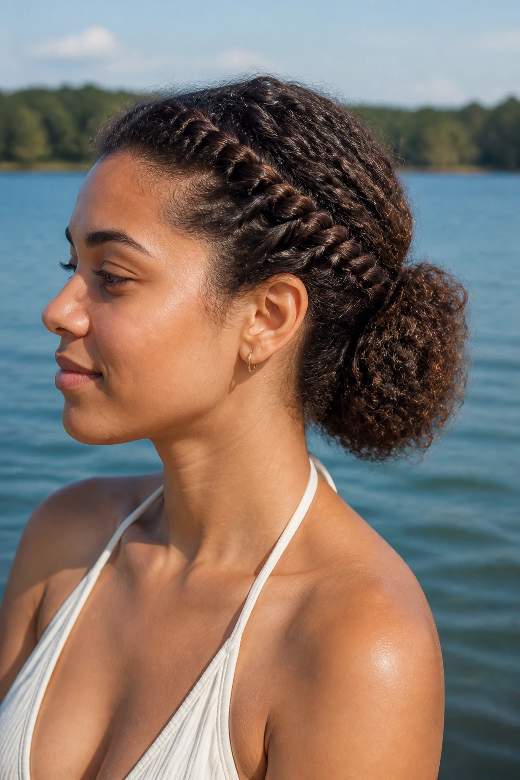 Medium close-up of a real woman with double twists into a low puff at lakeside