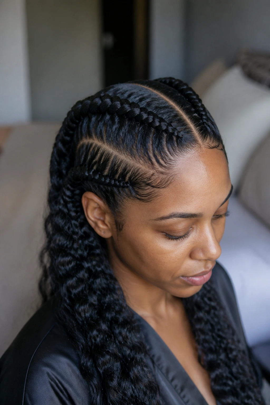 Close-up portrait of a real Black woman with wavy hair and crisp Dutch braids highlighting scalp part