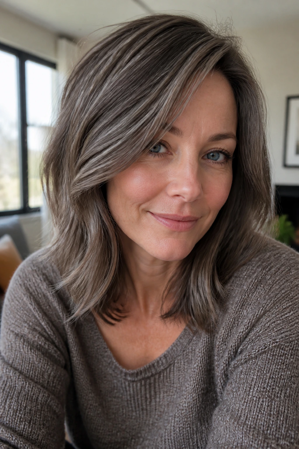 Real person with dove brown hair in a close-up portrait