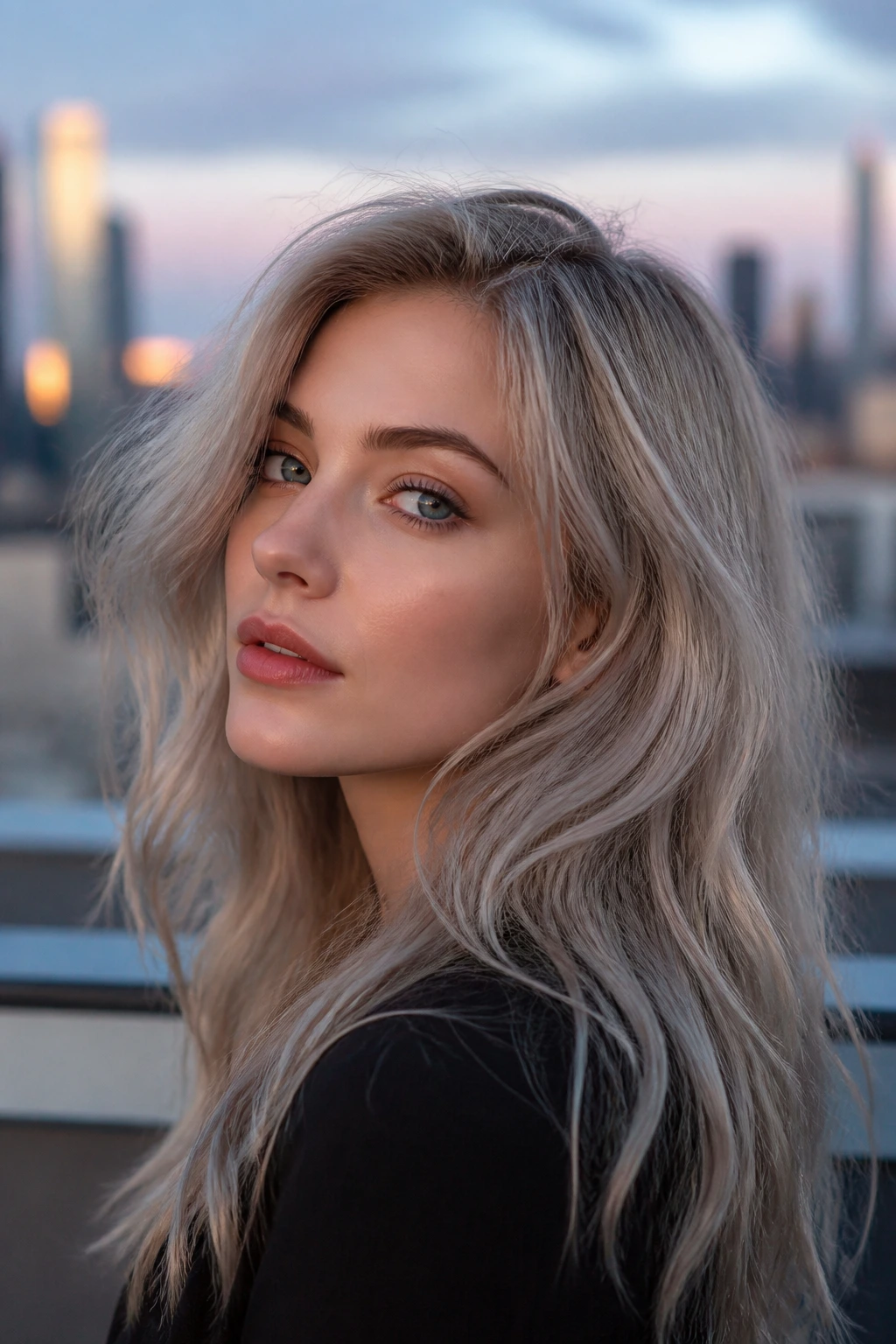 Close-up portrait of a woman with dove grey blonde hair on a rooftop
