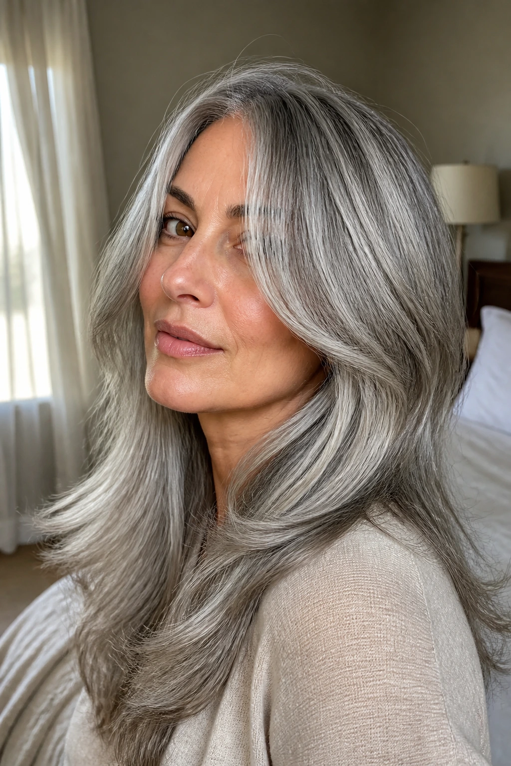 Woman with dove grey curtain layers in window-lit bedroom