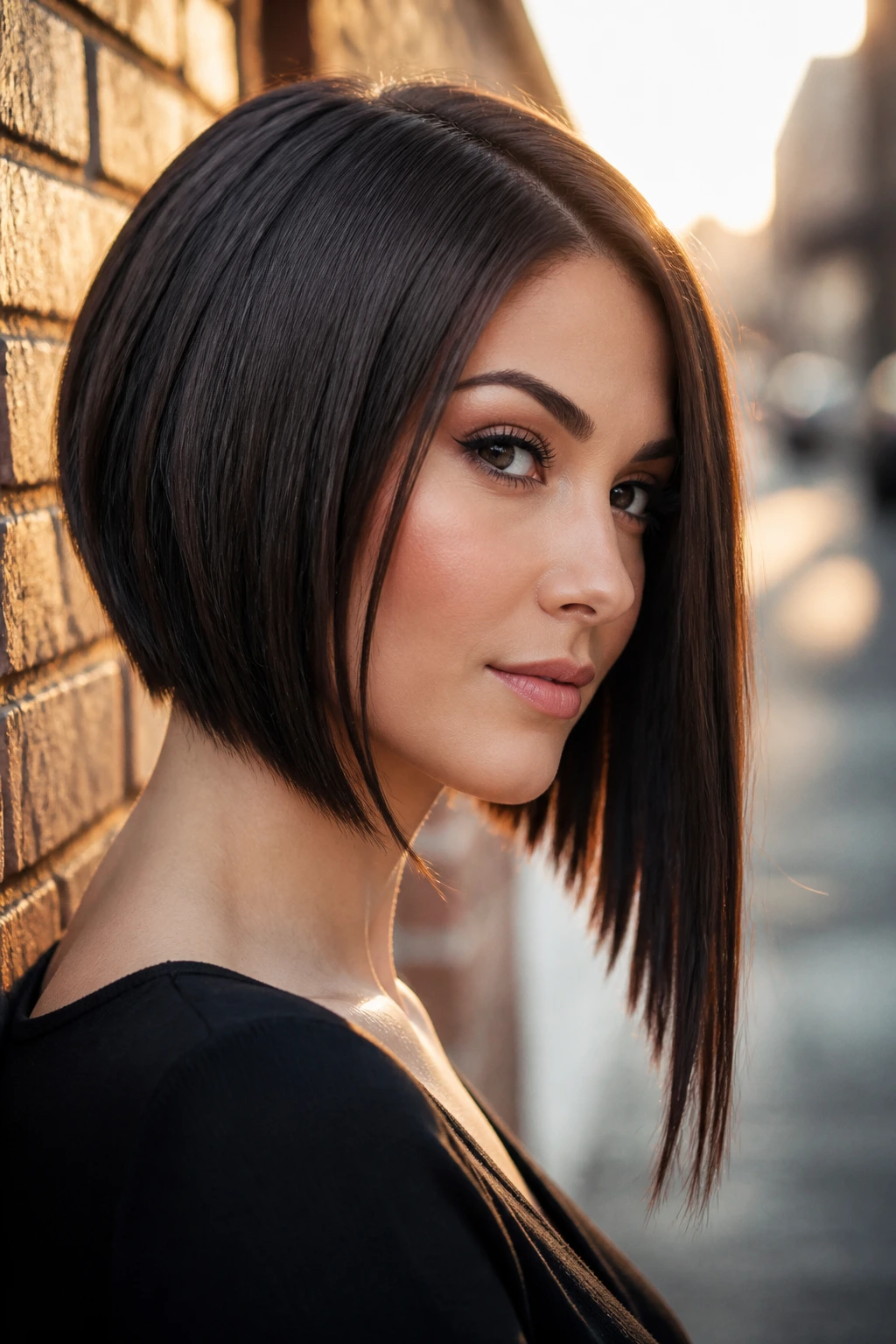 Portrait of a woman with dramatic angled inverted bob with longer front and bold diagonal line