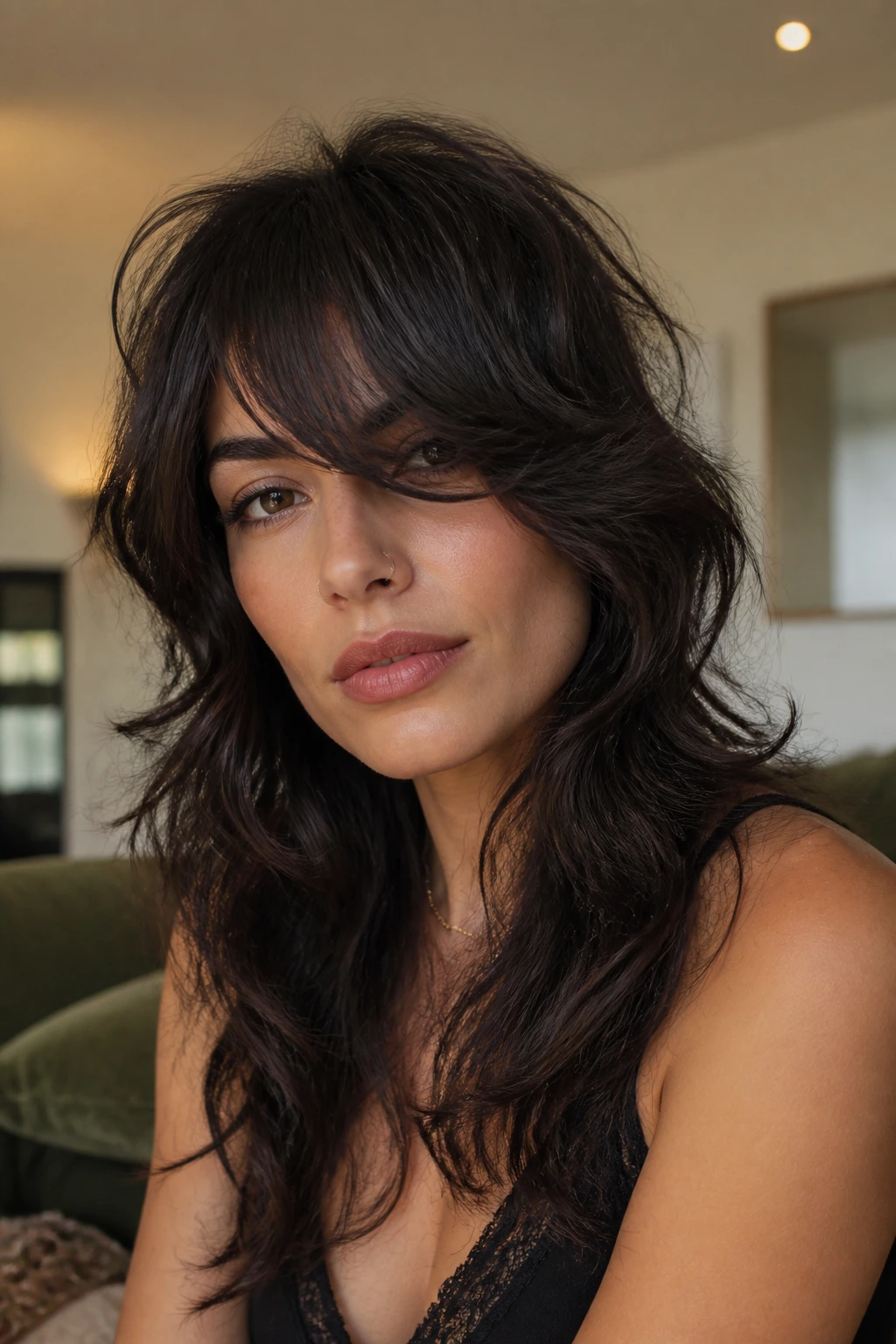 Portrait of a person with dramatic face-frame shag and long side bangs