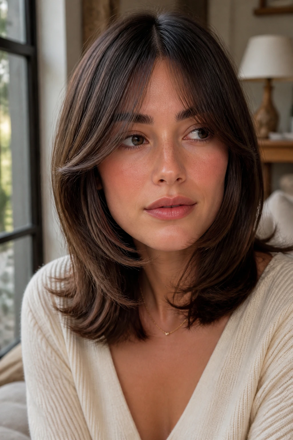 Woman with long draped bangs bent ends framing the cheek in warm light