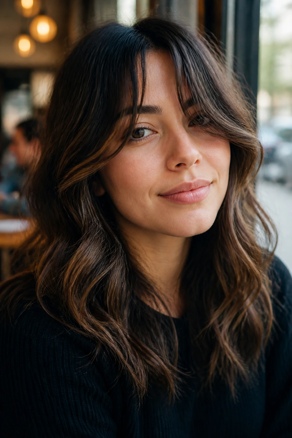 Close-up of a real woman with draped bangs and waves on a round face in warm light