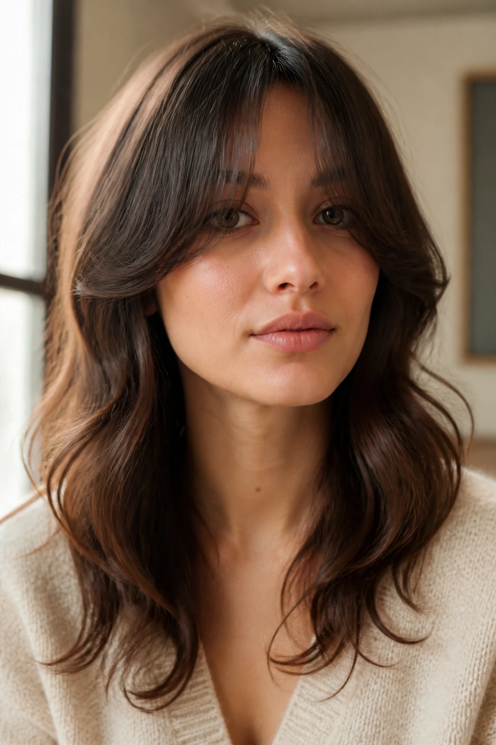 Real woman wearing long draped fringe with rounded ends