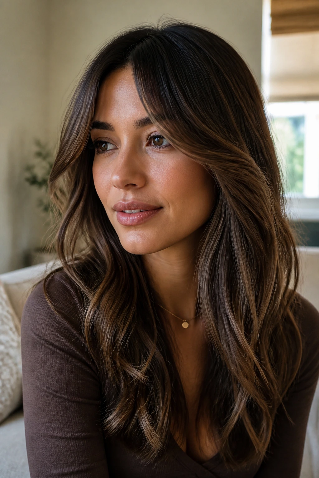 Medium close-up of a real woman with grown-in drapes and center opening in soft daylight